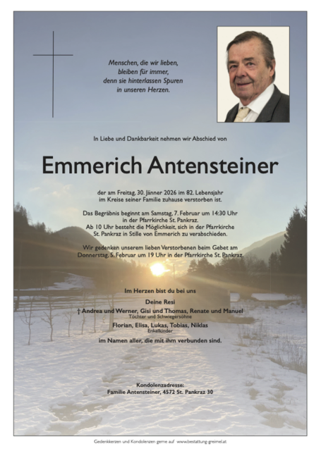     Emmerich Antensteiner ✝︎ 30.01.2026 | Foto: Bestattung Greimel
