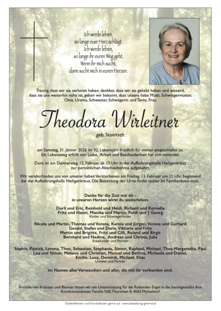 Theodora Wirleitner ✝︎ 30.01.2026 | Foto: Bestattung Greimel
