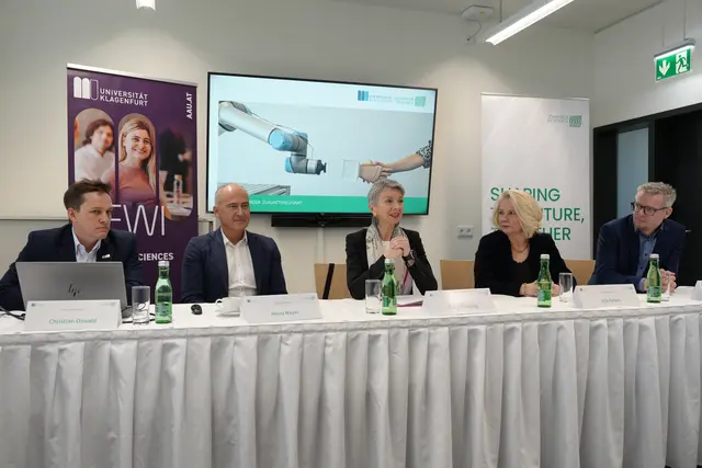 Bei der Pressekonferenz informierten LHStv.in Gaby Schaunig, AAU-Rektorin Ada Pellert, Joanneum Research-Geschäftsführer Heinz Mayer, Hubert Zangl und Christian Oswald über die aktuellen Entwicklungen und die Allianz zwischen Universität und Joanneum Research. | Foto: MeinBezirk.at