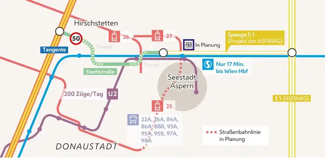 Eine Grafik der Stadt Wien zur geplanten Anbindung der Seestadt aus 2025. | Foto: Stadtstraße.at