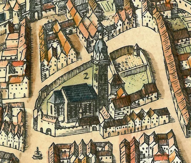 So soll der Stadtfriedhof bei der Jakobskirche ausgesehen haben. Fällt Ihnen der alte Kirchturm auf? | Foto: Museum der Stadt Villach