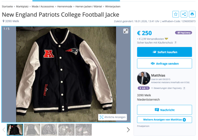 Ein Highlight ist eine Collegejacke der New England Patriots. | Foto: Screenshot willhaben.at