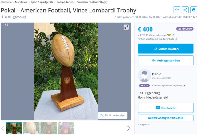 Niederösterreichische Handwerkskunst trifft Super Bowl: Eine handgefertigte Vince Lombardi Trophy aus Holz. | Foto: Screenshot willhaben.at