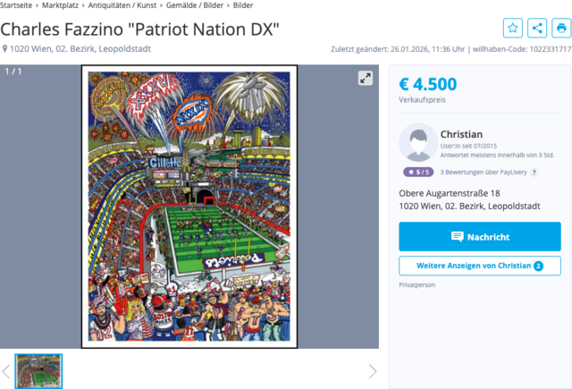 Dieses Bild von Charles Fazzino ist unter anderem mit Swarovski-Kristallen verziert und bereits für 4.500 Euro verkauft worden. | Foto: Screenshot willhaben.at