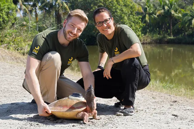 Doris Preininger und Rupert Kainradl vom Tiergarten Schönbrunn mit Batagur Flussschildkröte in Bangladesch. | Foto: Jonas Kühnapfel