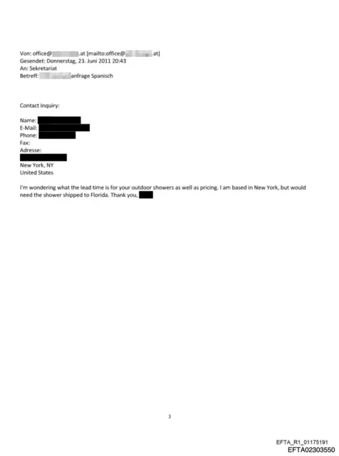 Eine Mitarbeiterin Epsteins hatte 2011 Interesse an einer Dusche aus Marchtrenk für ein Haus des Unternehmers in Florida. | Foto: US. Departement of Justice