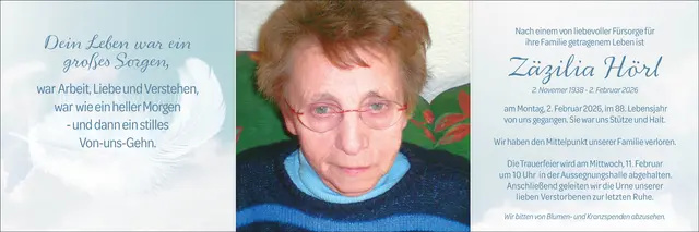 Zäzilia Hörl, Geiersberg, verstorben am 2. Februar 2026, im 88. Lebensjahr. | Foto: Edith Hörl