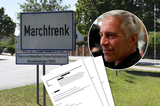 Kurios: Sogar das beschauliche Marchtrenk findet sich – völlig schuldlos – in den Epstein Files. | Foto: Stadtgemeinde Marchtrenk/U.S. Departement of Justice/Grafik: MeinBezirk Ursula Kohlberger