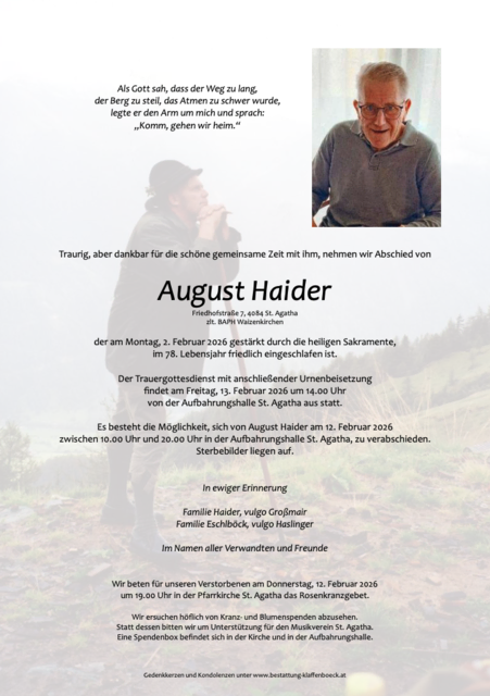 August Haider verstarb im 78. Lebensjahr | Foto: Bestattung Klaffenböck/Privat