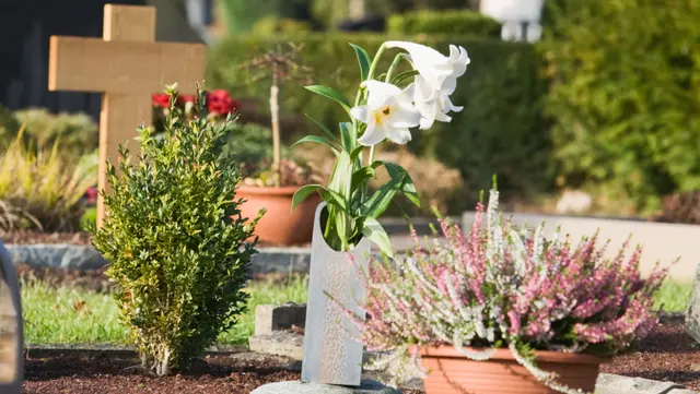 Ein mit Blumen geschmücktes Grab (Symbolfoto). | Foto: smarterpix/IrinaFischer