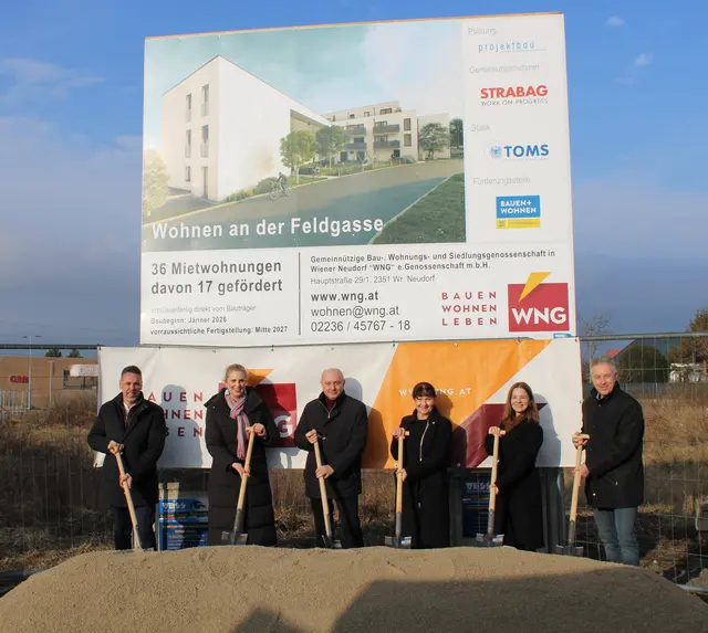 v.l.n.r.: Mario Hameseder (Direktionsleitung STRABAG), Marlene Zeidler-Beck (Abgeordnete zum NÖ Landtag), Wolfgang Tomek (Geschäftsführung WNG), Marion Thurner (Bürgermeisterin Achau), Anna Bubich (Projektleitung Projektbau), Robert Kallinger (techn. Bereichsleitung STRABAG). | Foto: WNG