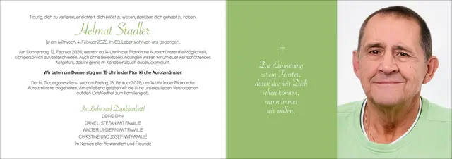 Helmut Stadler, Aurolzmünster, verstorben am 4. Februar, im 69. Lebensjahr.
 | Foto: Hartlauer