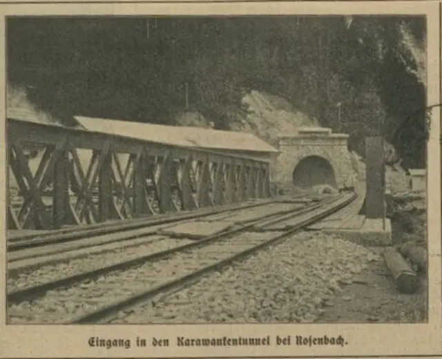 Einst wie heute stellt der Karawankentunnel eine der wichtigsten Verkehrsverbindungen des Landes dar. Er verbindet Kärnten und Slowenien auf Schiene. | Foto: Österreichische Nationalbibliothek/Tagblatt vom 30. September 1906