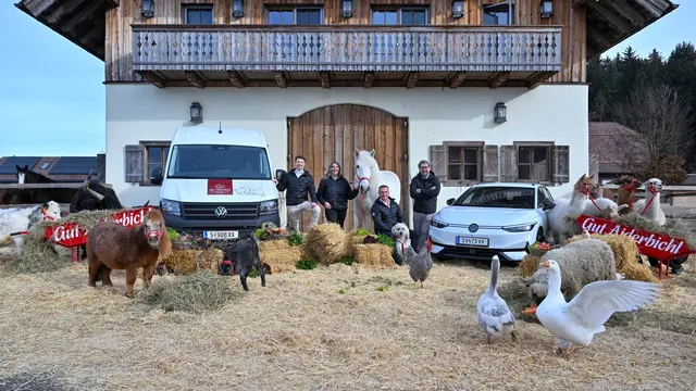 Von links: Geschäftsfüher von Porsche Austria Wilfried Weitgasser, VW-Marketingleitung Gudrun Zeilinger, Gut Aiderbichl-Geschäftsführer Dieter Ehrengruber und GF Anton Reiser vom Autohaus Reiser freuen sich über die Kooperation. | Foto: Gut Aiderbichl