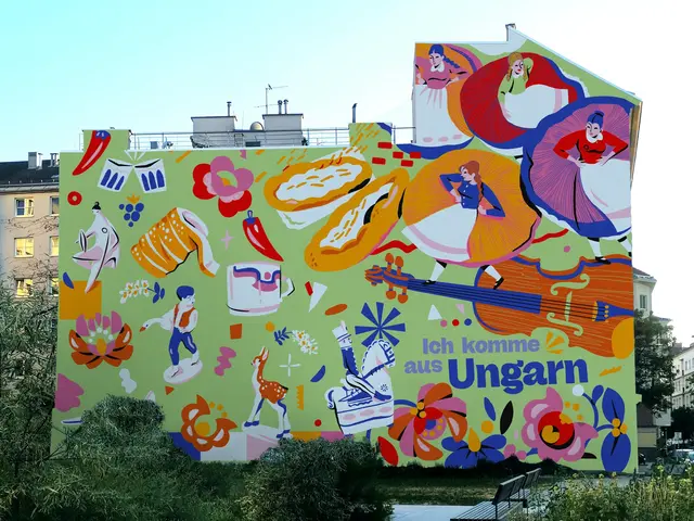 "Ich komme aus Ungarn" steht auf diesem Wandbild von Aliz Buzas. Darauf hat die Künstlerin Tänzerinnen und Reiterhirten, aber auch Langos und Paprika gemalt. | Foto: Aliz Buzas