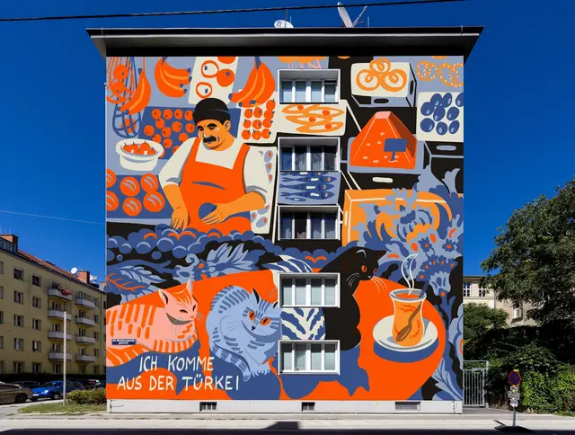 "Ich komme aus der Türkei" ist auf diesem Wandbild von Aliz Buzas zu lesen, darauf sind Kaffee, Datteln, Honig und Baklava gemalt. | Foto: Aliz Buzas