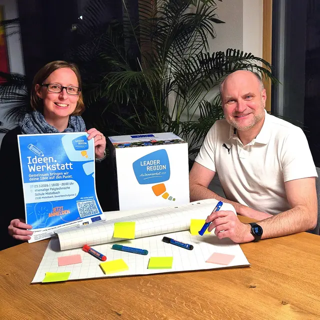  Christian Frank und Christine Filipp freuen sich schon auf viele kreative Köpfe bei der Ideen.Werkstatt am 23. März 2026 in Mistelbach | Foto: Leader
