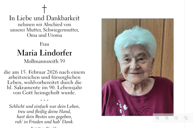 Maria Lindorfer, 89 Jahre | Foto: Bestattung Wuschko