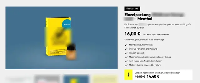 Mehr Energie und mehr Fokus als „magenschonende Alternative zu Energy Drinks“ bietet auch eine Firma aus Rankweil, ohne Tabak, Nikotin und ohne Zucker, wie man es verspricht. Ein Flascherl, welches für mehr als 20 große „Sniffs“ reicht, kostet etwa 16 Euro. | Foto: Screenshot