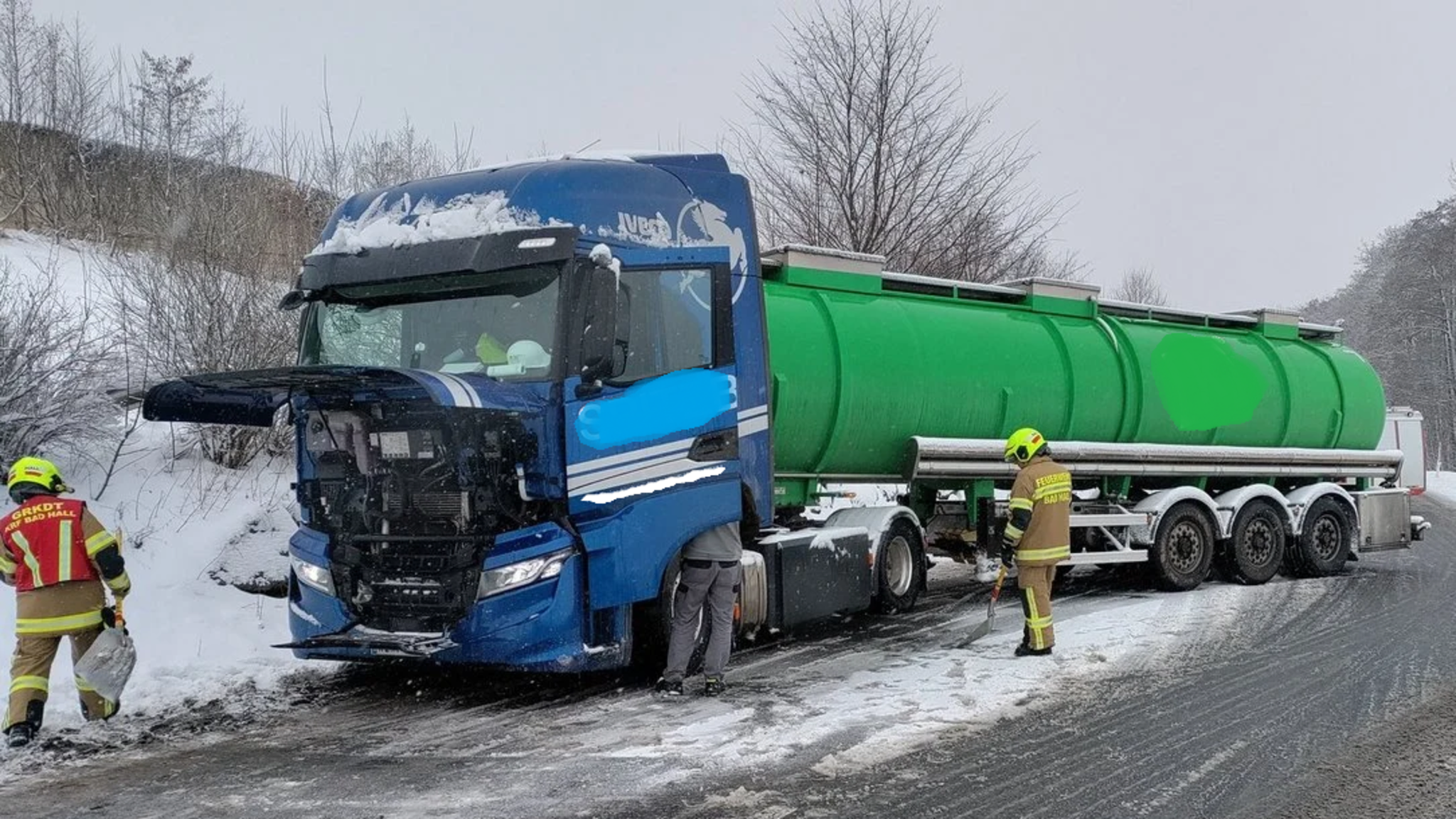 Fire department in action: Truck stuck on snow-covered highway - | Steyr & ...