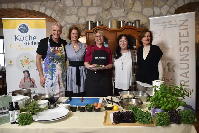 Schriftsteller Thomas Raab, Geschäftsführerin der Österreichischen Krebshilfe, Martina Löwe, Hausherrin Alexandra Braunstein, Initiatorin Renate Zierler und Geschäftsführerin der Krebshilfe Burgenland Andrea Konrath.  | Foto: MeinBezirk/Stefan Schneider
