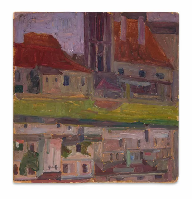 In der Modernen Sammlung befindet sich Schieles frühe Ölstudie der Jodokuskirche in Krumau (heute Český Krumlov/Tschechien) von 1908. Dieses Werk befand sich bis 1977 im Besitz des österreichischen Künstlers Oswald Oberhuber (1931–2020) und wurde schließlich vom Verein angekauft. | Foto: TLM