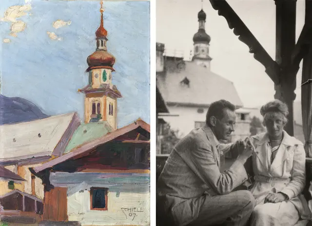 links Ölgemälde: Egon Schiele, Pfarrkirche in Fulpmes, 1907 (Gemälde befindet sich in Privatbesitz) rechts Foto: Egon Schiele und seine Frau Edith 1917 vor der Pfarrkirche Fulpmes  | Foto: privat/Leopold Museum Wien