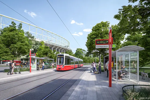 Ab 2025 soll die Straßenbahnlinie 18 durch den Prater, am Stadion vorbei, bis zur Donau fahren. Derzeit laufen die Arbeiten für die Verlängerung. | Foto: ZOOMVP.AT