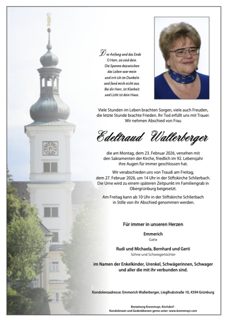 Edeltraud Wallerberger ✝︎ 23.02.2026 | Foto: Bestattung Krennmayr