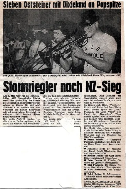 Der Beweis schwarz auf weiß: Der Artikel aus der Neuen Zeit nach dem Bandwettbewerbs-Sieg 1977 – „Sieben Oststeirer mit Dixieland an Popspitze". | Foto: VOSD