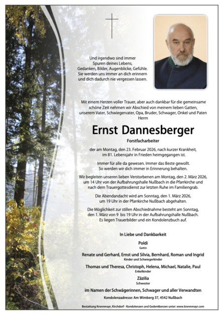Ernst Dannesberger ✝︎ 23.02.2026 | Foto: Bestattung Krennmayr