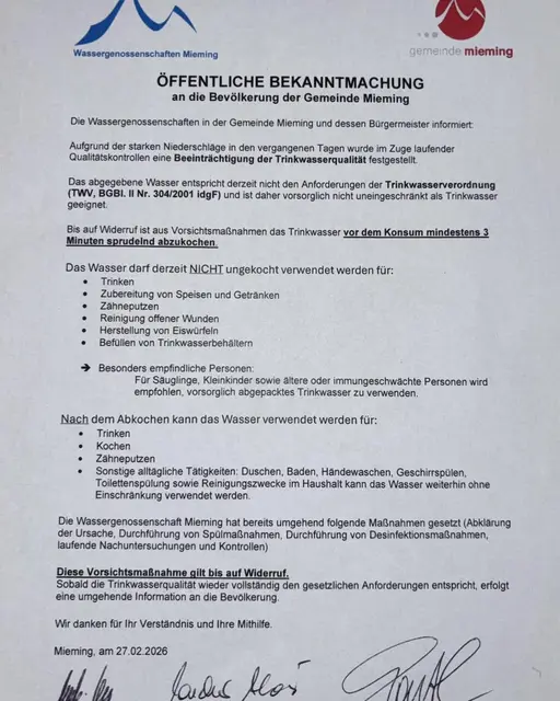 Die Mitteilung der Gemeinde | Foto: Gemeinde Mieming