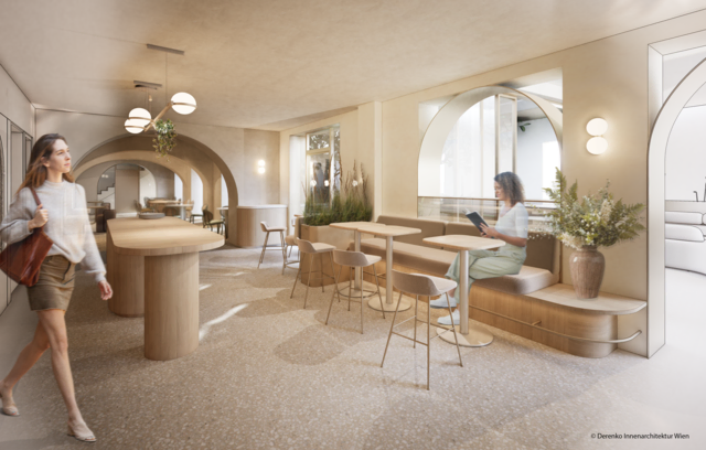 Helles Holz, sanfte Bögen, Terrazzoboden sollen den  Frühstücksbereich prägen. | Foto: Rendering: Derenko Innenarchitektur Wien