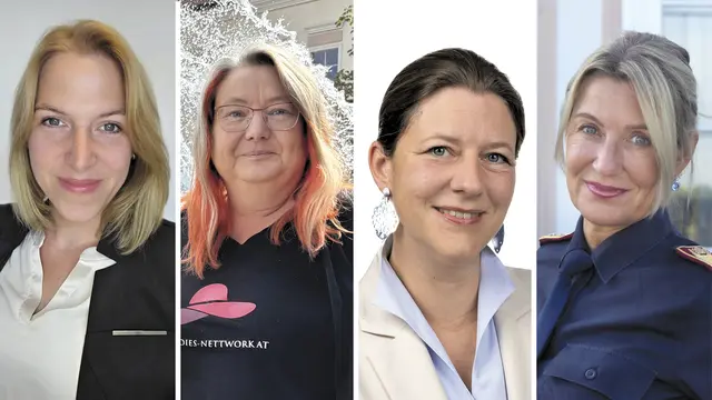 Unsere Power Frauen: Autorin Sandra Unterlechner, Unternehmerinnen Helga Grasl und Linda-Fertl-Bläuel, Bezirkspolizeikommandantin Sonja Fiegl. | Foto: Foto: privat/Victoria Edlinger/Nina Hladil/BPK