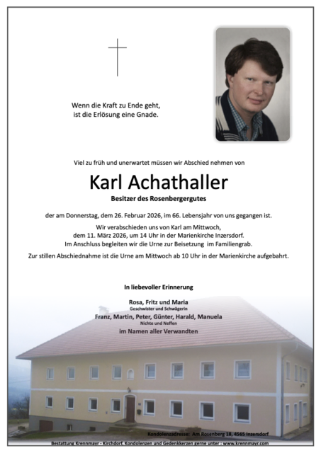 Karl Achathaller ✝︎ 26.02.2026 | Foto: Bestattung Krennmayr