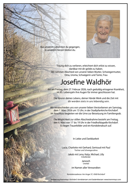 Josefine Waldhör ✝︎ 27.02.2026 | Foto: Bestattung Krennmayr