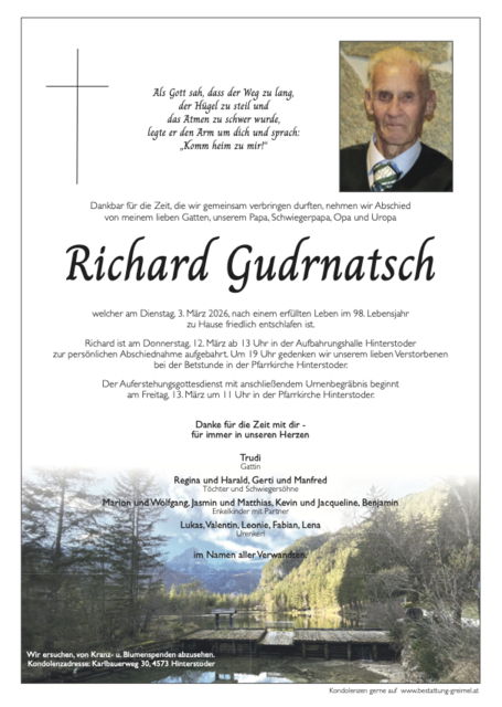 Richard Gudrnatsch ✝︎ 03.03.2026 | Foto: Bestattung Greimel