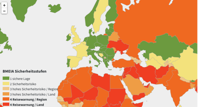 Die derzeitigen Reisewarnungen des Bundesministeriums für europäische und internationale Angelegenheiten. | Foto: Bundesministerium europäische und internationale Angelegenheiten