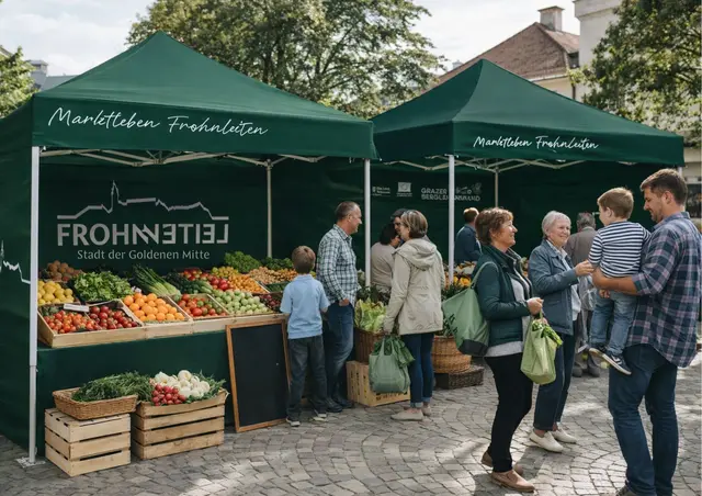 Ein Vorgeschmack auf den neuen Frohnleitner Bauernmarkt mit den neuen Marktpavillons und einheitlichem Auftreten | Foto: Stadtgemeinde Frohnleiten (erstellt mit KI)