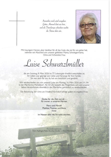 Luise Schwarzlmüller ✝︎ 08.03.2026 | Foto: Bestattung Greimel