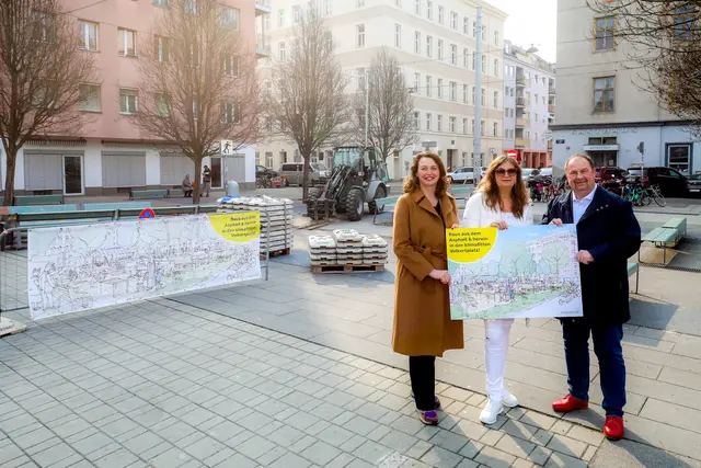 Selma Arapović (Neos, l.), Ulli Sima und Alexander Nikolai (beide SPÖ) verkündeten die Umgestaltung des Volkertplatz.  | Foto: Stadt Wien/Christian Fürthner