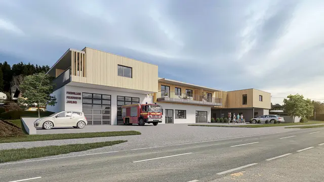 So wird der der Gemeinschaftsbau mit Feuerwehrstützpunkt und Wohnungen in Jakling aussehen. | Foto: Neue Heimat