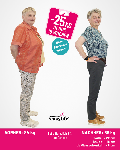 84 Kilo war zu viel – doch Petra Margetich fand heraus, warum ihr Körper nicht abnahm. In nur 18 Wochen verlor sie 25 Kilo und gewann ein völlig neues Lebensgefühl.
