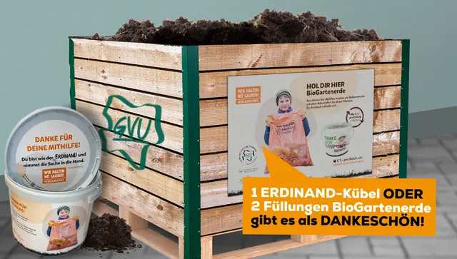 Alle Teilnehmenden an einer Frühjahrsputzaktion erhalten einen Gutschein, der entweder für einen ERDINAND-Kübel ODER zwei Füllungen (je 18 Liter) BioGartenerde im ASZ Purgstall eingelöst werden kann. So lange der Vorrat reicht.
