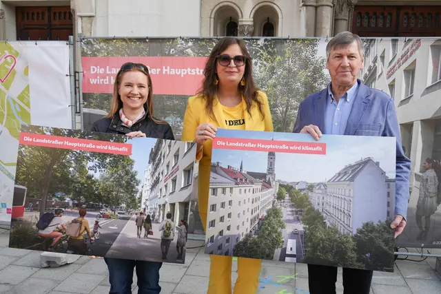 v.l.: Angelika Pipal-Leixner (Neos), Ulli Sima und Erich Hohenberger (beide SPÖ) luden zum Spatenstich auf der Landstraßer Hauptstraße.  | Foto: Kaja Jerabek/MeinBezirk