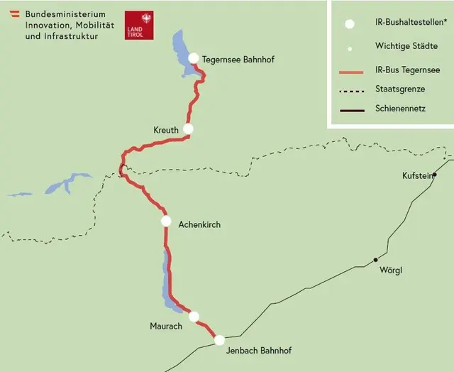 Die erste Interregio-Buslinie Österreichs soll ab 2027 Jenbach im Stundentakt mit dem Tegernsee verbinden. | Foto: BMIMI/Land Tirol