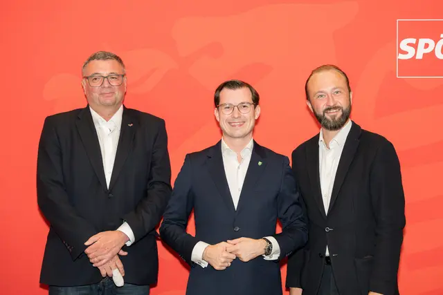 Staatssekretär und Regionalvorsitzender Jörg Leichtfried, LAbg. Bgm. Stefan Hofer und Landesparteivorsitzender Max Lercher. | Foto: SPÖ