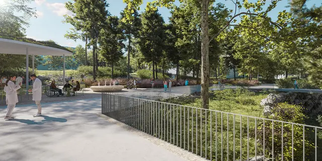 Die Klinik Ottakring soll mit 30 Prozent mehr Grünflächen aufwarten. Ein zentrales Element wird ein Pavillon in der Mitte der Anlage sein.  | Foto: Moriet &amp; Brro