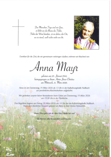     Anna Mayr ✝︎ 11.03.2026 | Foto: Bestattung Greimel