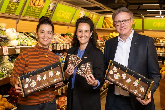 Regionale Kooperation für den guten Zweck: Julia Zotter, Amrita Böker (VinziWerke), Christoph Holzer (Spar Steiermark) | Foto: SPAR AG/Krug